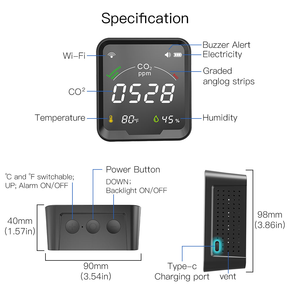 WiFi Tuya Smart CO2 Detector 3 in 1 Carbon Dioxide Detector Air Quality Monitor Temperature Humidity Air Tester with Alarm Clock