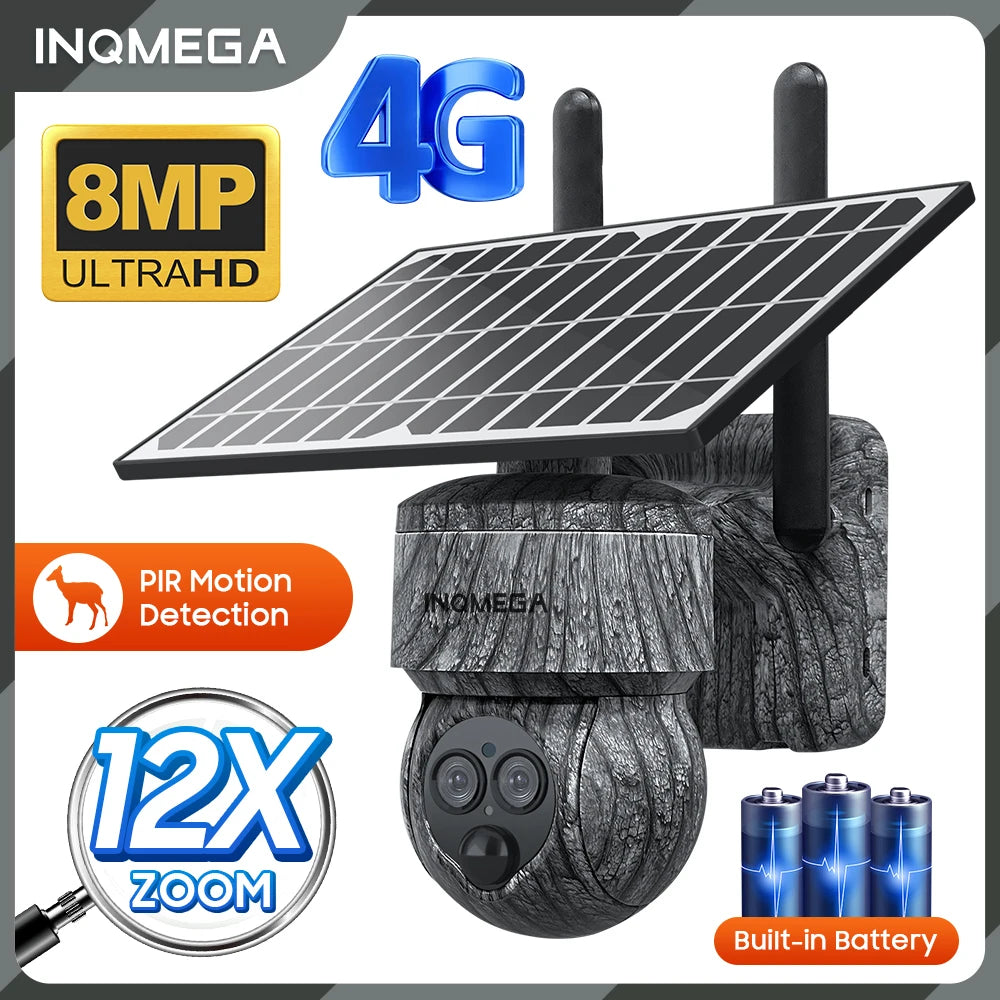 INQMEGA 8MP 4G SIM Card / WIFI Solar Camera Outdoor Security Protection CCTV Recording Humanoid Dection in Forest / Farm